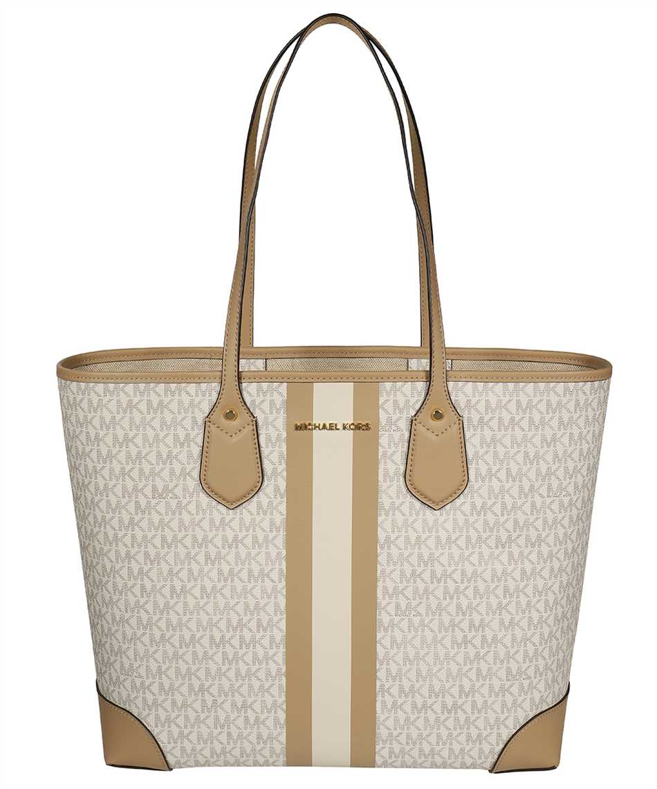 Michael Kors 30T9GV0T7B EVA LARGE LOGO STRIPE TOTE Bag Beige